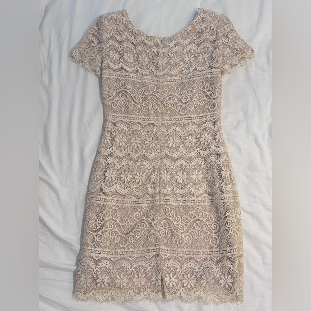 Vintage 90s Ann Taylor Champagne/Ivory Lace Mini Dress 4P - Picture 3 of 16